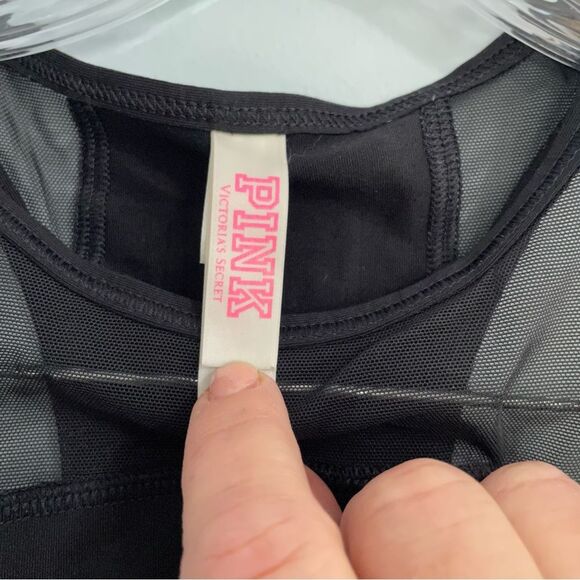 PINK Victoria’s Secret Haut Court Crop Racerback Mesh Logo Sports Bra Black XS - Picture 5 of 13